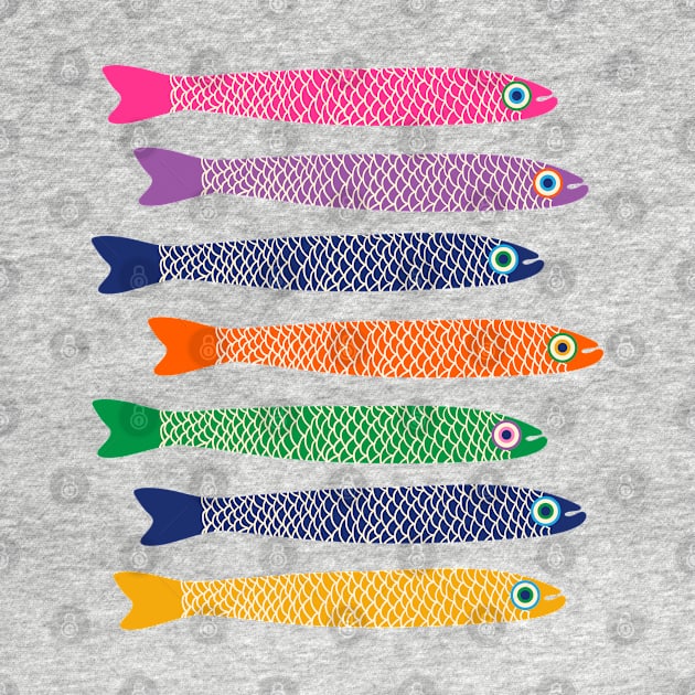 ANCHOVIES Bright Graphic Fun Groovy Fish in Rainbow Colors on Cream - Horizontal Layout - UnBlink Studio by Jackie Tahara by UnBlink Studio by Jackie Tahara